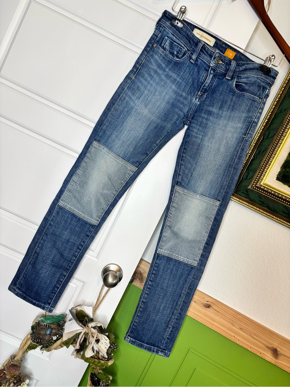 Pilcro Patchwork Straight Leg Jeans – Mid Rise Distressed Knee Detail, Size 26